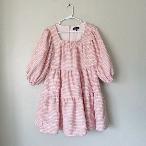 Sister Jane Pink Rosy Knees Tweed Confetti Square Neck Puff Sleeve Dress Size S - Picture 4 of 11